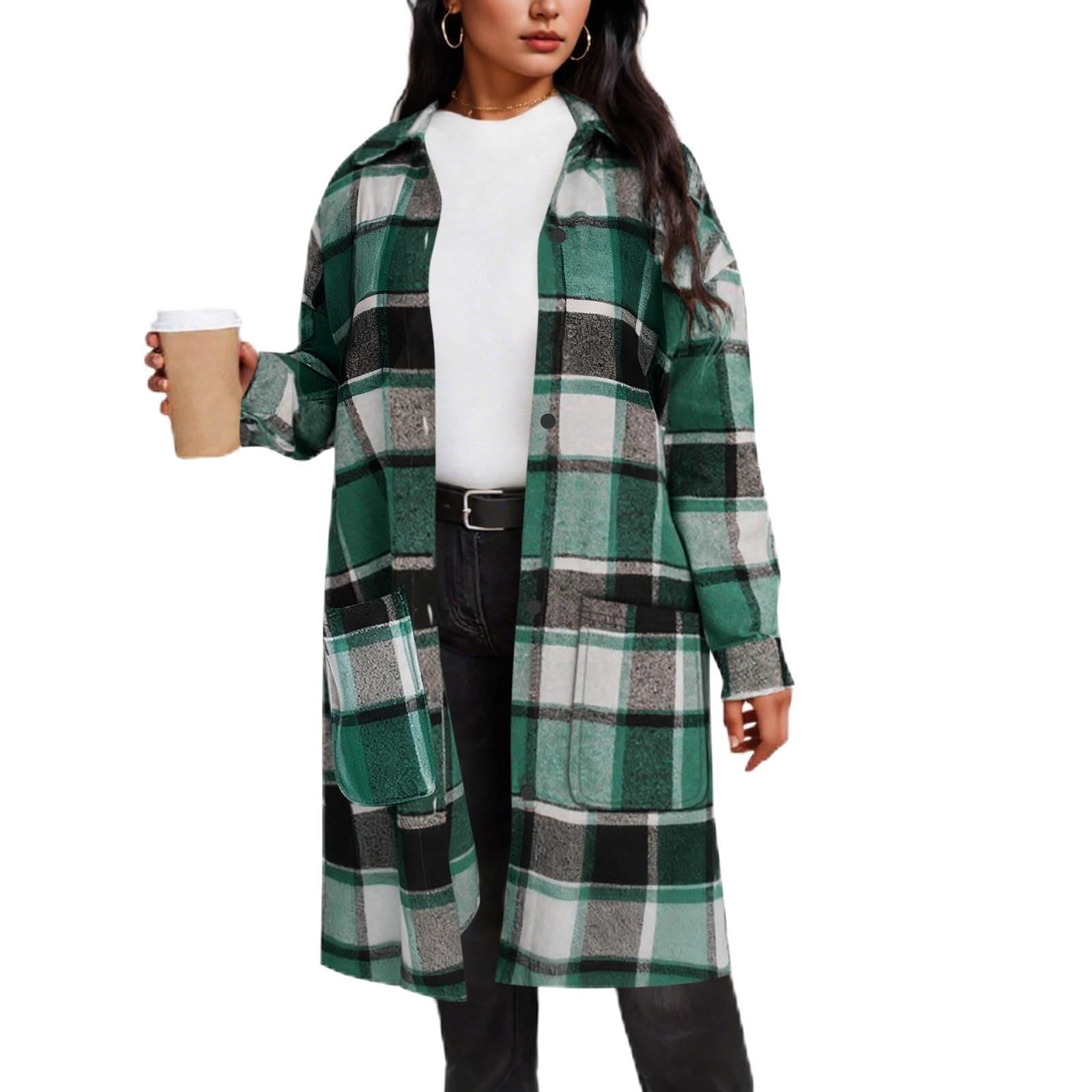 Women's Plaid Wool Coat Long Winter Lapel Peacoat Button Up Warm Overcoats Trendy Comfy Outerwear Casual Jackets